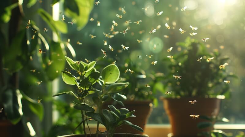 Tiny fungus gnats flying around indoor potted plants near a sunny window.