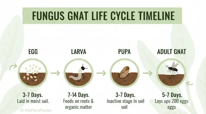 Fungus gnat life cycle diagram showing egg, larva, pupa, and adult stages in houseplant soil.