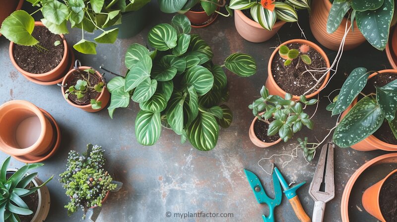 Top view of potted houseplants and hoy krimson princess propagation tools on a gray tabletop, including succulents, trailing vines, and pruning shears