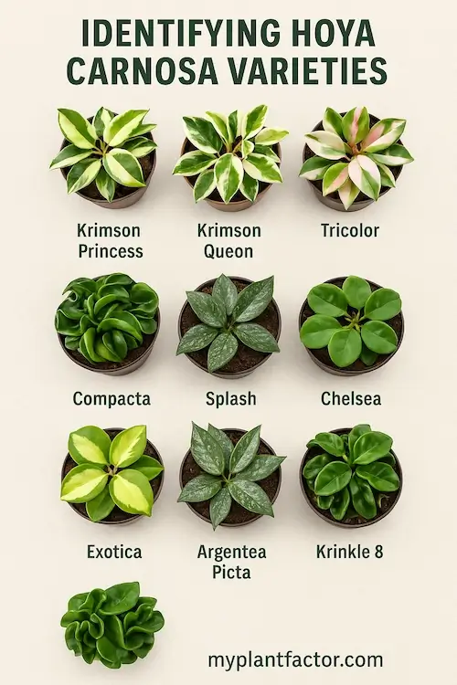 Comparison infographic of Hoya carnosa varieties including Krimson Princess, Compacta, Chelsea, Splash, and more in a 3x3 grid