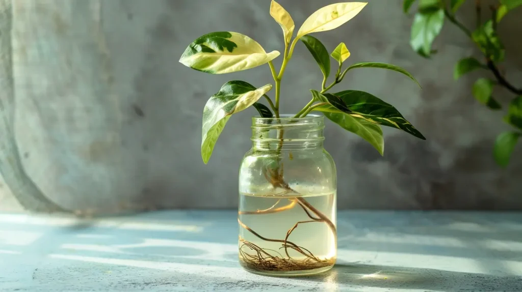 Hoya Krimson Princess propagation in water inside a clear glass jar, showing visible root growth