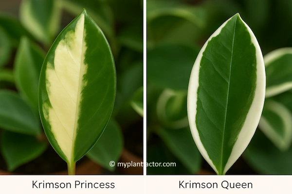 Side-by-side comparison of Hoya Krimson Princess and Hoya Krimson Queen leaves showing distinct variegation patterns