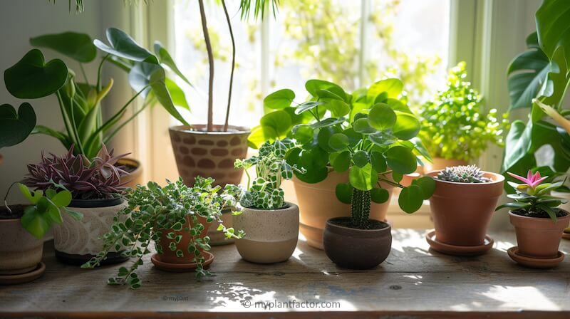 Indoor houseplants arranged on a wooden windowsill in bright indirect light, featuring succulents, trailing vines, and tropical foliage