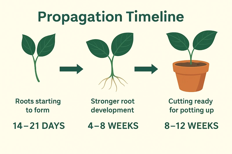 Propagation timeline infographic showing stages of Hoya cutting growth: roots forming at 14–21 days, stronger roots by 4–8 weeks, and potting readiness at 8–12 weeks