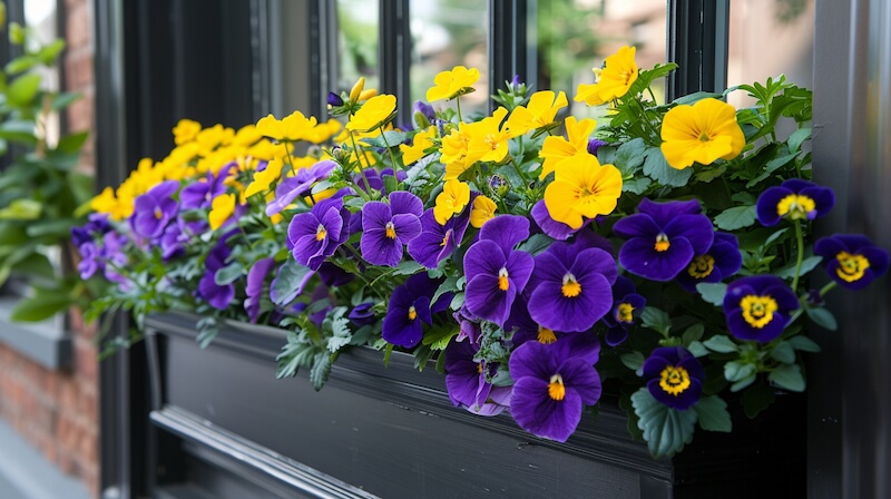 purple and yellow plants windowboxes