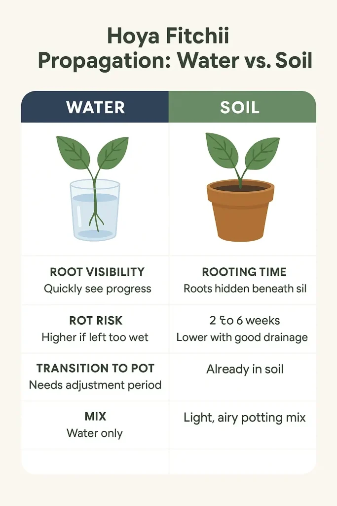 Infographic comparing Hoya Fitchii propagation in water vs soil, showing differences in rooting time, rot risk, and care tips