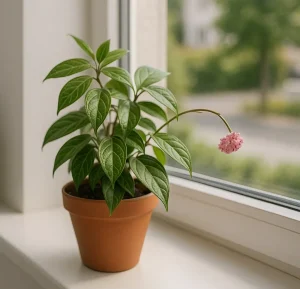 Hoya Fitchii in a terracotta pot on a bright windowsill with a small cluster of pink flowers and veined green leaves, background softly blurred.