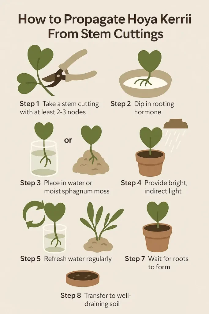 step-by-step infographic showing how to propagate hoya kerrii using stem cuttings in water or sphagnum moss