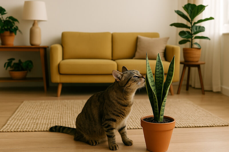 Tabby cat sniffing a potted snake plant near a mustard sofa in a bright living room.