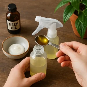 Mixing neem oil and water to make a homemade pet-safe aphid spray