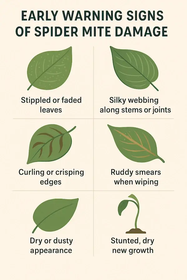 infographic showing early warning signs of spider mite damage on houseplants including stippling, webbing, and leaf curling