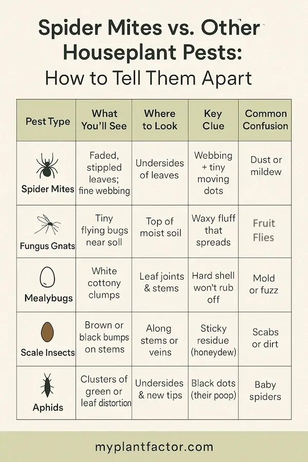 infographic comparing spider mites vs other common houseplant pests with symptoms, locations, and visual clues