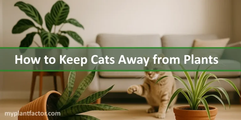 A curious orange tabby cat reaches toward a tipped plant pot in a cozy living room with tropical houseplants and a neutral-toned sofa, illustrating the challenge of keeping cats away from plants.
