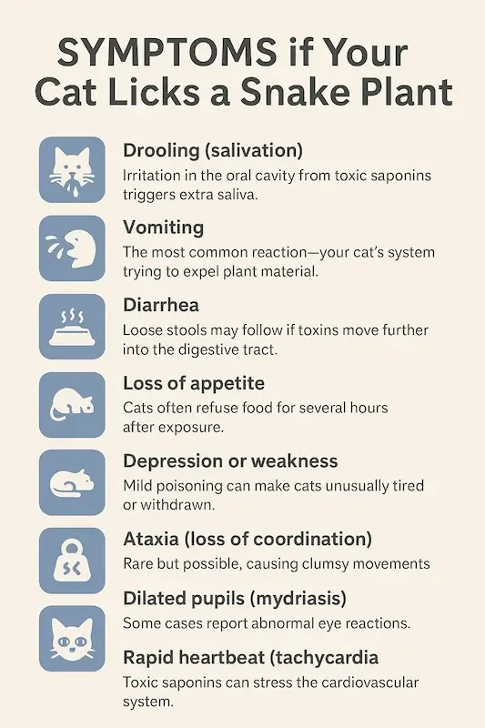 infographic symptoms of when a cat licks a snake plant and you must call the vet