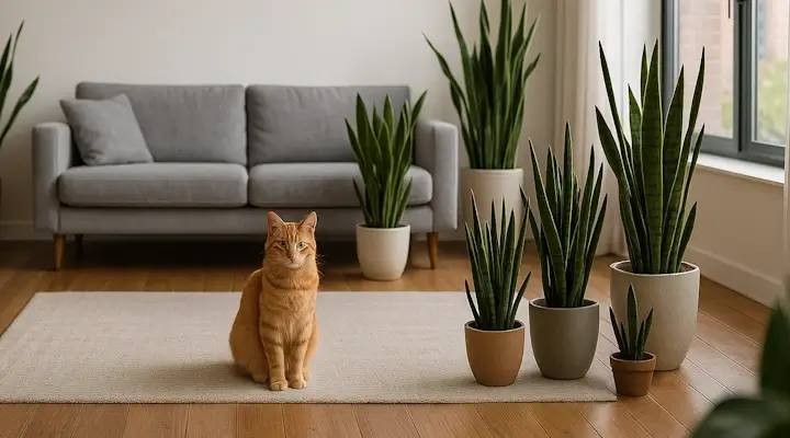 Orange tabby sitting among several snake plants in a bright modern living room.