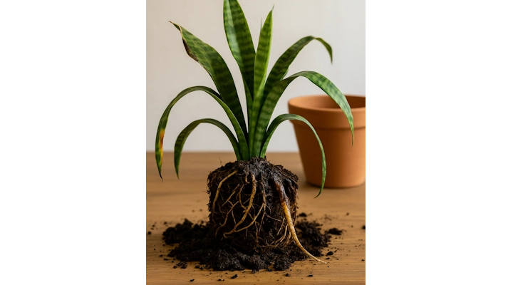 Snake plant out of its pot showing exposed roots with signs of early rot, soil scattered on a wooden surface.