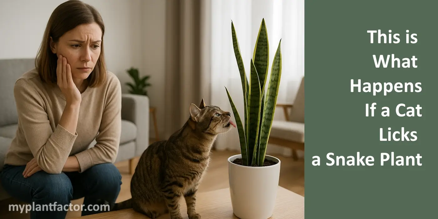 A tabby cat in a modern living room about to lick a tall snake plant beside a couch and coffee table with a worried plant parent beside.