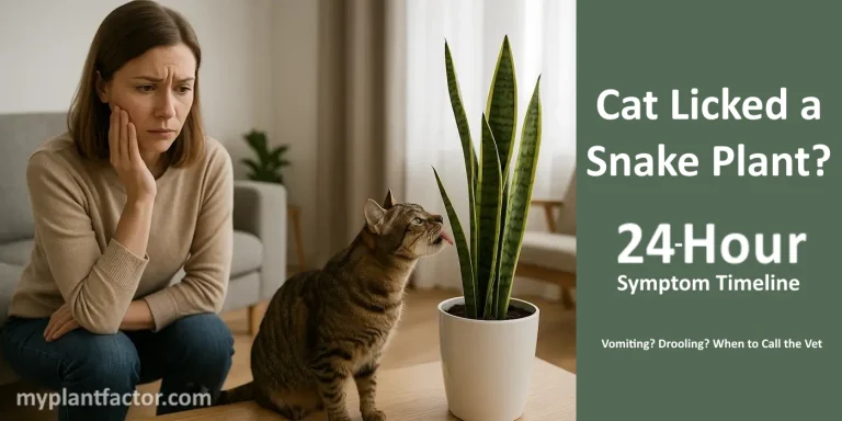 Cat licking a snake plant while owner looks concerned indoors