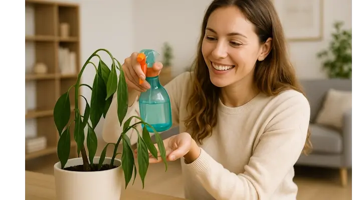 Smiling woman spraying a healthy houseplant with natural pest control spray indoors.