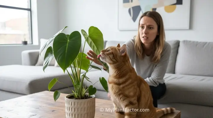 Cat investigating philodendron leaves indoors while owner looks worried about plant toxicity and pet safety.