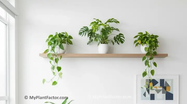 Heartleaf philodendrons and monstera on a high wall shelf, styled out of reach of pets.