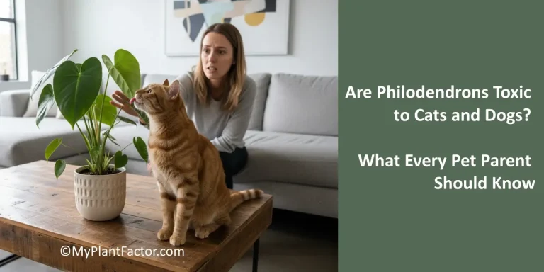 “Concerned woman watching her cat sniff a philodendron plant on a coffee table – article about philodendrons toxic to cats and dogs.
