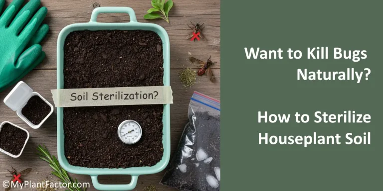 Tray of potting soil with thermometer labeled ‘Soil Sterilization,’ surrounded by gardening gloves, seedlings, and tools — illustrating how to sterilize soil for potted plants naturally to kill bugs.
