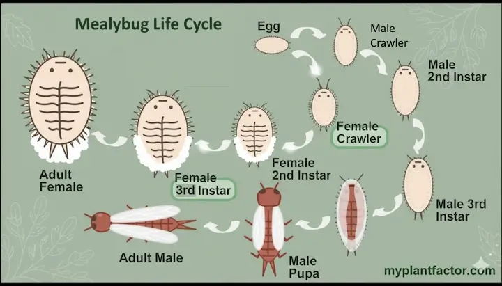 Diagram showing the mealybug life cycle from egg to adult male and female stages, illustrating crawlers, instars, and pupal forms.