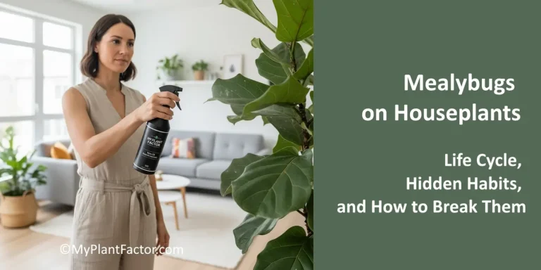 Woman spraying a fiddle leaf fig indoors to treat mealybugs on houseplants, symbolizing natural pest control and healthy plant care.