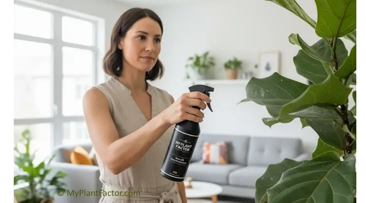 Woman spraying a fiddle leaf fig indoors with a natural neem oil solution to treat mealybugs on houseplants.