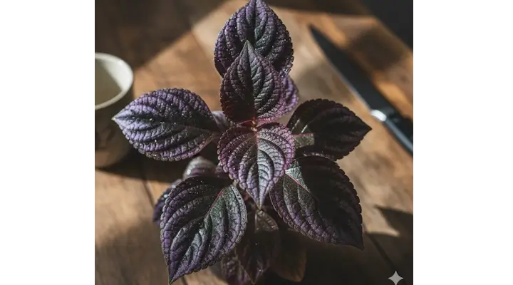 Persian Shield houseplant with glossy dark purple and green leaves on a wooden kitchen counter