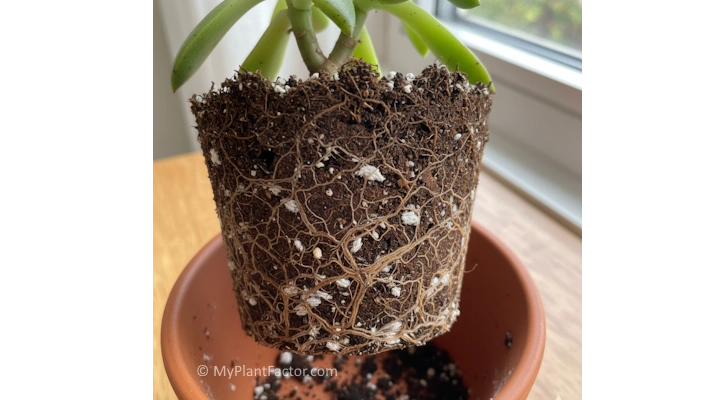 Root ball of a potted plant showing white mealybugs around the roots and soil surface.