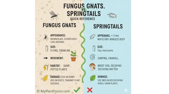 reference chart to spot the difference between common tiny black bugs in potting soil fungus gnats and springtails