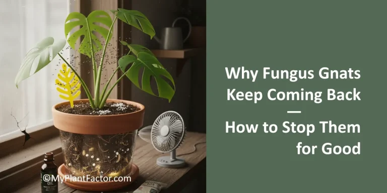 Close-up of a potted Monstera plant with soil showing fungus gnats flying above it, small fan nearby on a windowsill, representing how to stop recurring fungus gnats in houseplants.