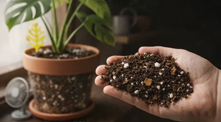 Close-up of well-draining indoor potting mix with coco coir and perlite in hand