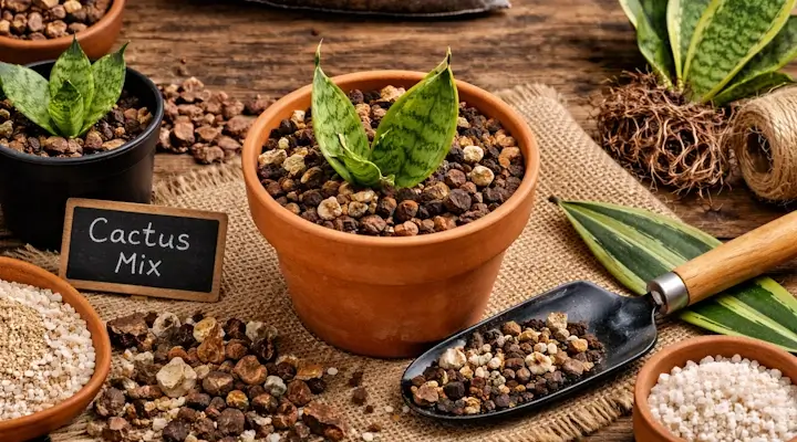 snake plant in terracotta pot filled with well-draining cactus soil mix, perlite and bark on wooden table
