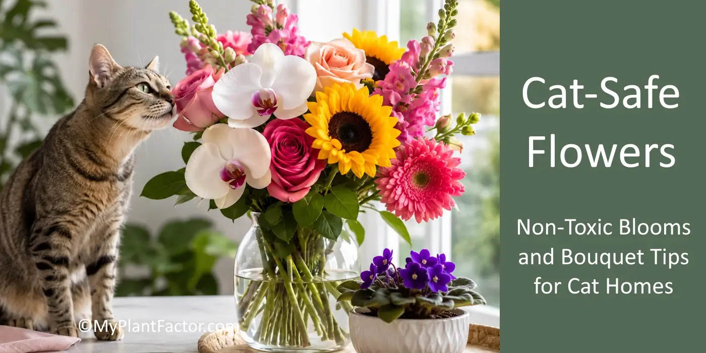 Cat sniffing a bouquet of cat safe flowers including roses, orchids, sunflowers, and Gerbera daisies