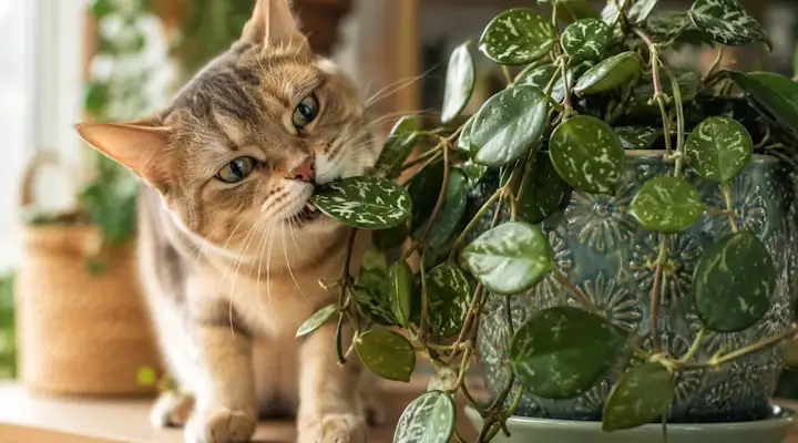tabby cat nibbling on a wax plant leaf - good news that hoyas are not toxic to cats