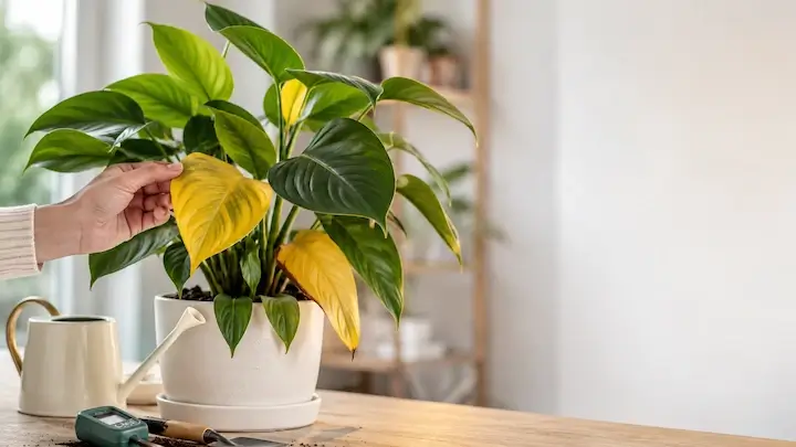 tropical houseplant showing signs of yellowing leaves due to overwatering