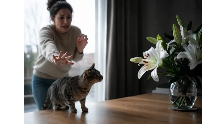 toxic flowers not safe for cats lily tabby cat with owner in a panic in the background