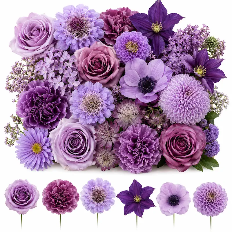 Silk purple roses and white dahlia stems for DIY wedding bouquet arrangement