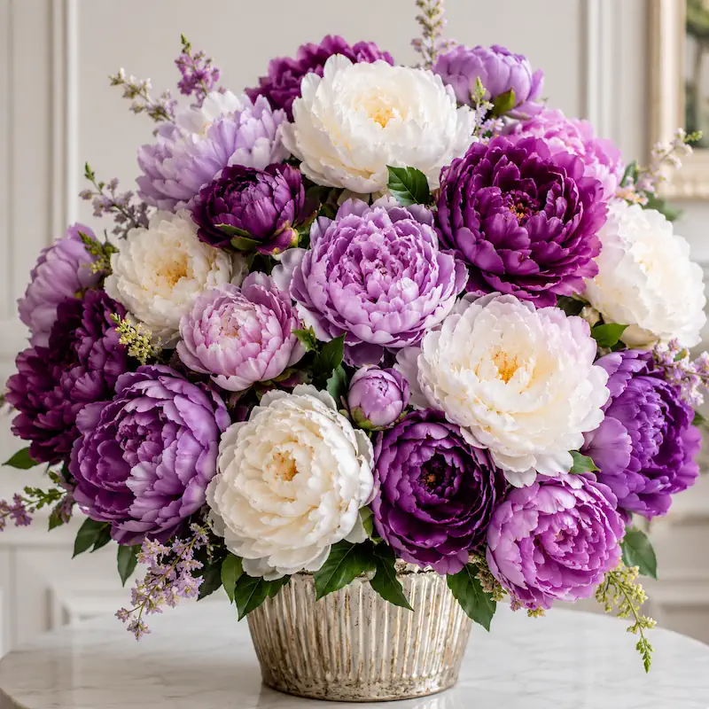 Large artificial white and purple peony bouquet for gifting or table centerpiece
