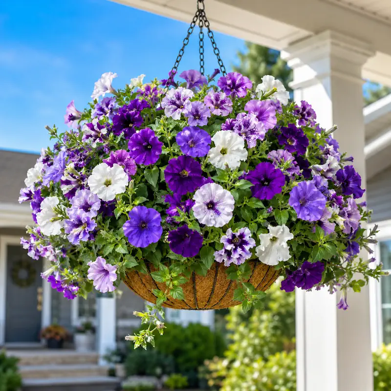Matching pair of white urn planters with purple and white artificial flowers for patio entrance
