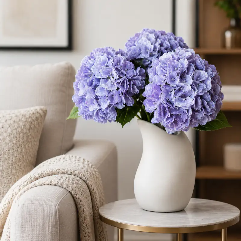 Artificial lavender hydrangea long stem in white ceramic vase for home decor