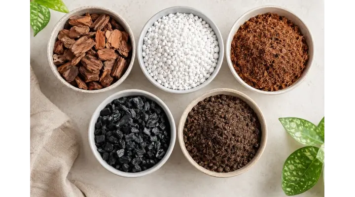 diy potting mix for hoya houseplants with orchid bark, coco coir, activated charcoal, perlite, worm castings