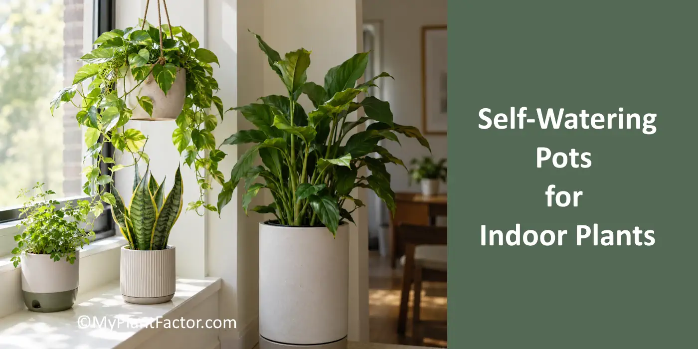 collection of self-watering pots for indoor plants on a bright windowsill